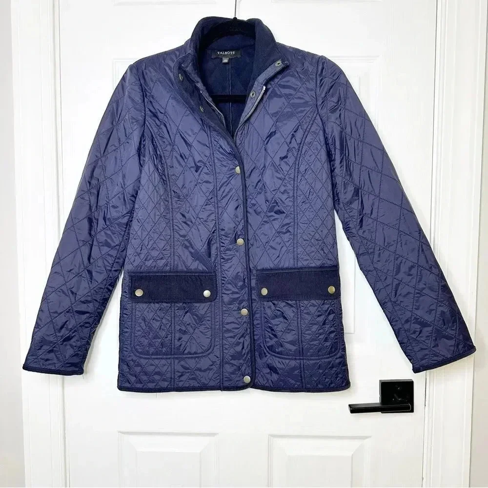 TALBOTS Navy Quilted Mid Length Barn‎ Jacket Size XS Equestrian Preppy